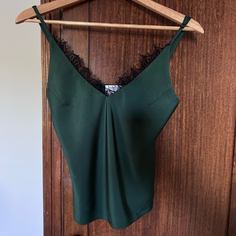 Elegant Green Lace Trim Silk Cami Top